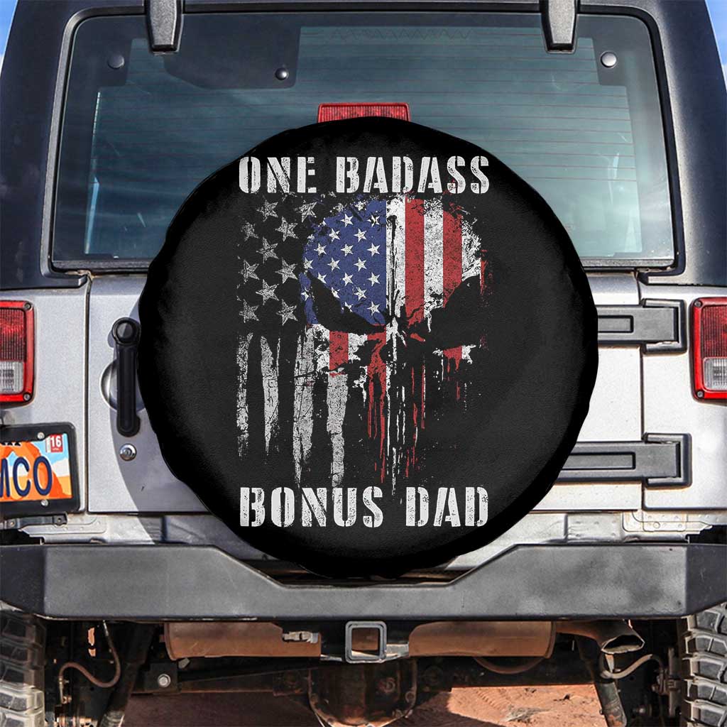 Funny One Badass Bonus Dad Spare Tire Cover Step Dad Fathers Day 4th Of July American Flag Skull - Wonder Print Shop