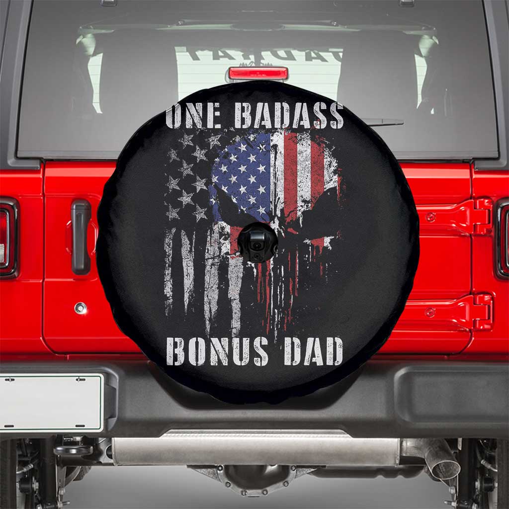 Funny One Badass Bonus Dad Spare Tire Cover Step Dad Fathers Day 4th Of July American Flag Skull - Wonder Print Shop