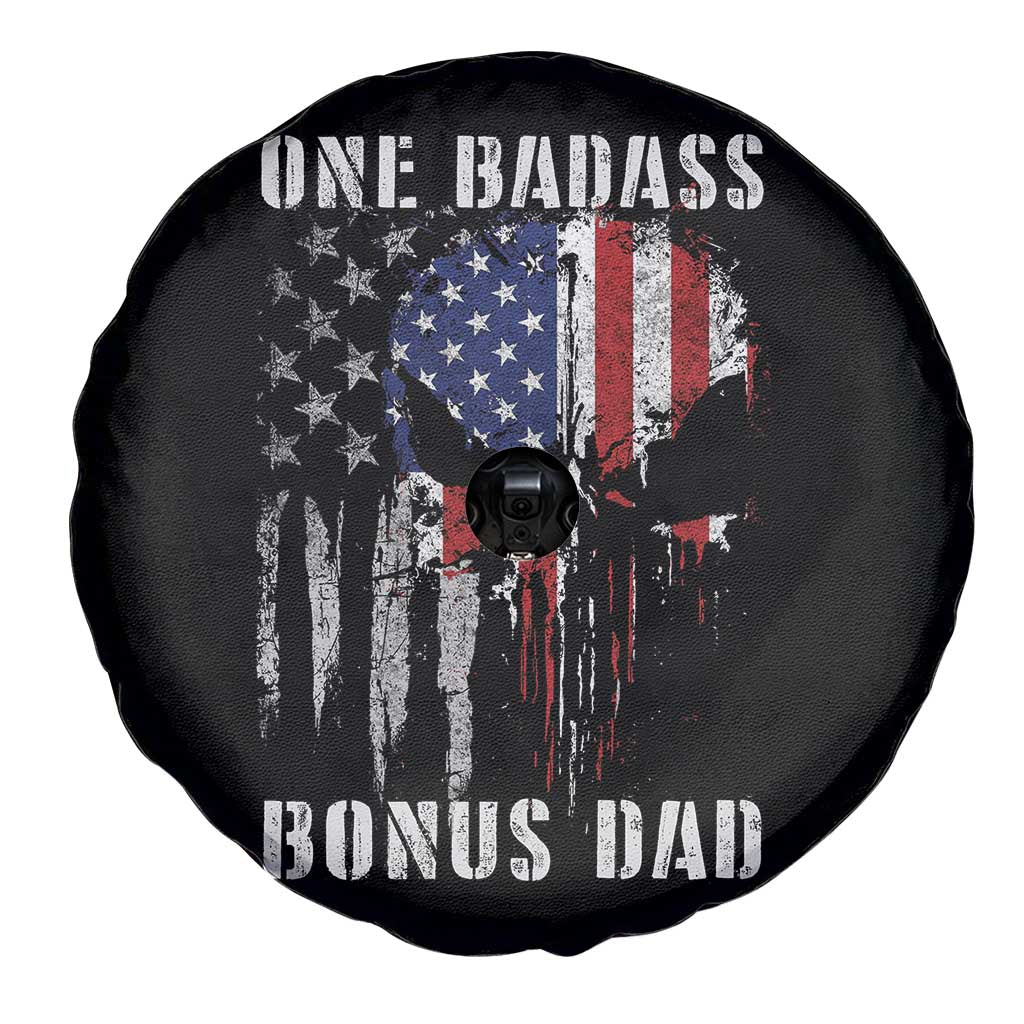 Funny One Badass Bonus Dad Spare Tire Cover Step Dad Fathers Day 4th Of July American Flag Skull - Wonder Print Shop