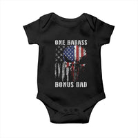 Funny One Badass Bonus Dad Baby Onesie Step Dad Fathers Day 4th Of July American Flag Skull - Wonder Print Shop