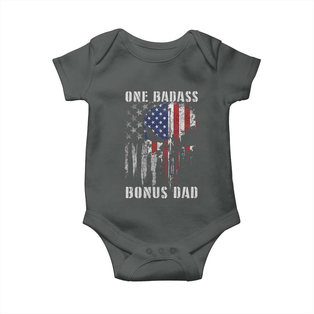 Funny One Badass Bonus Dad Baby Onesie Step Dad Fathers Day 4th Of July American Flag Skull - Wonder Print Shop