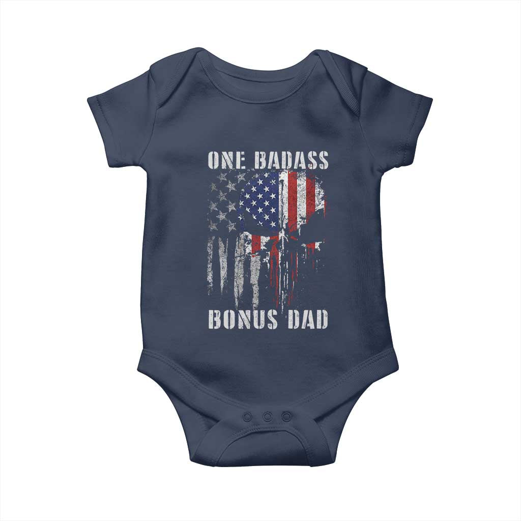 Funny One Badass Bonus Dad Baby Onesie Step Dad Fathers Day 4th Of July American Flag Skull - Wonder Print Shop