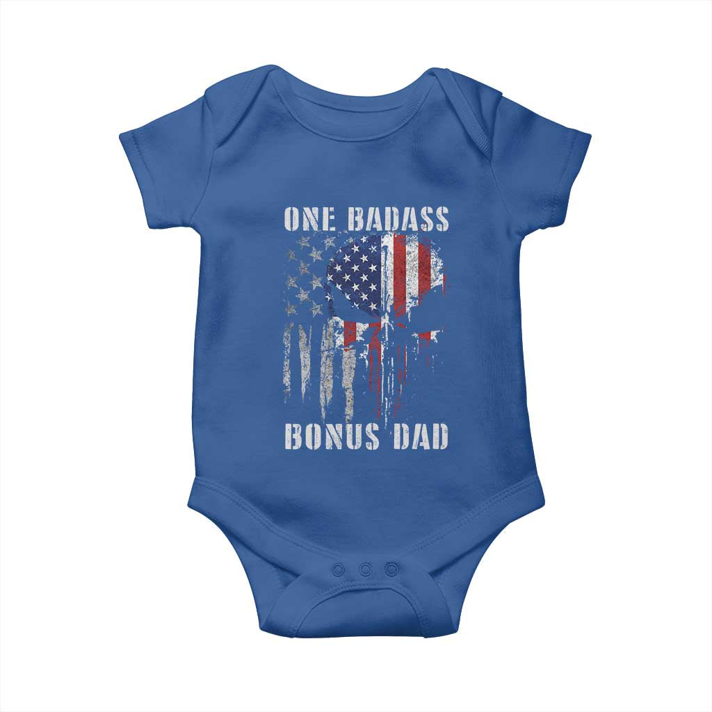 Funny One Badass Bonus Dad Baby Onesie Step Dad Fathers Day 4th Of July American Flag Skull - Wonder Print Shop