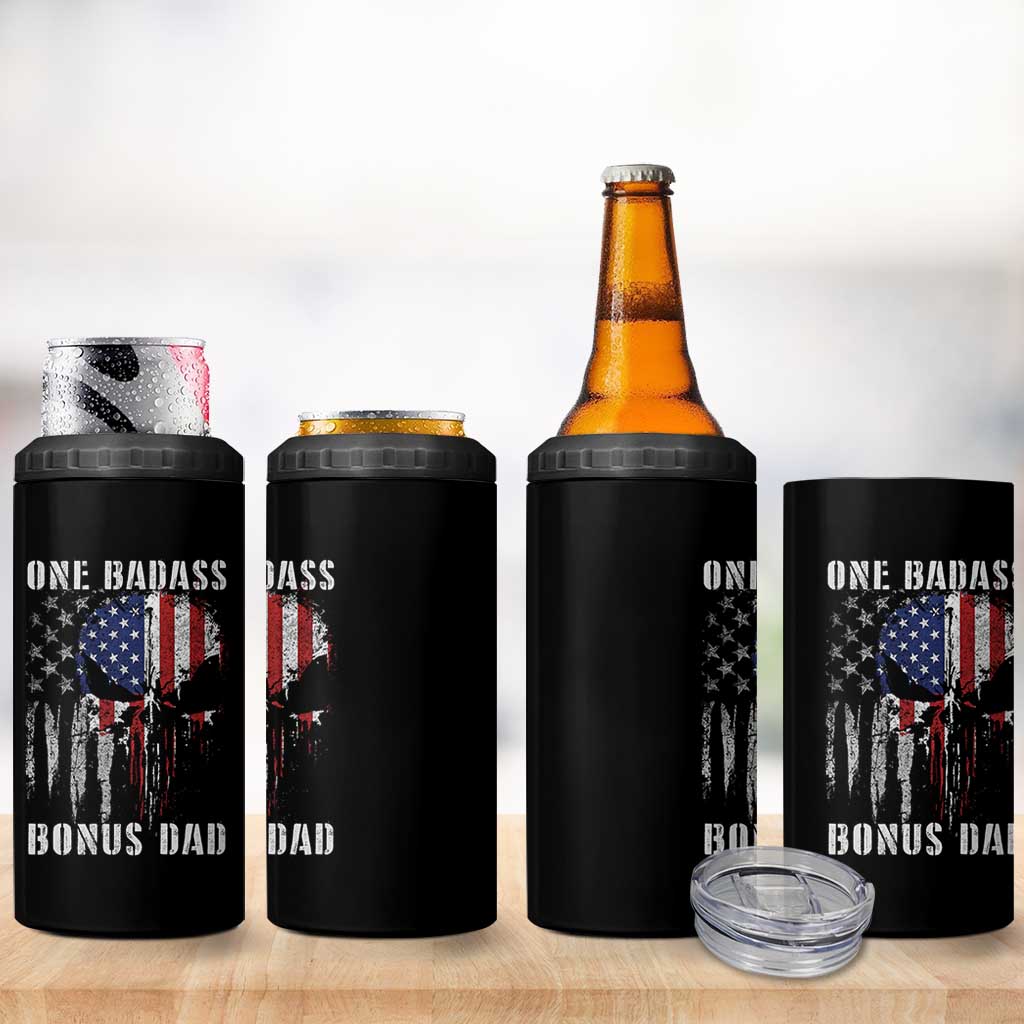 Funny One Badass Bonus Dad 4 in 1 Can Cooler Tumbler Step Dad Fathers Day 4th Of July American Flag Skull - Wonder Print Shop