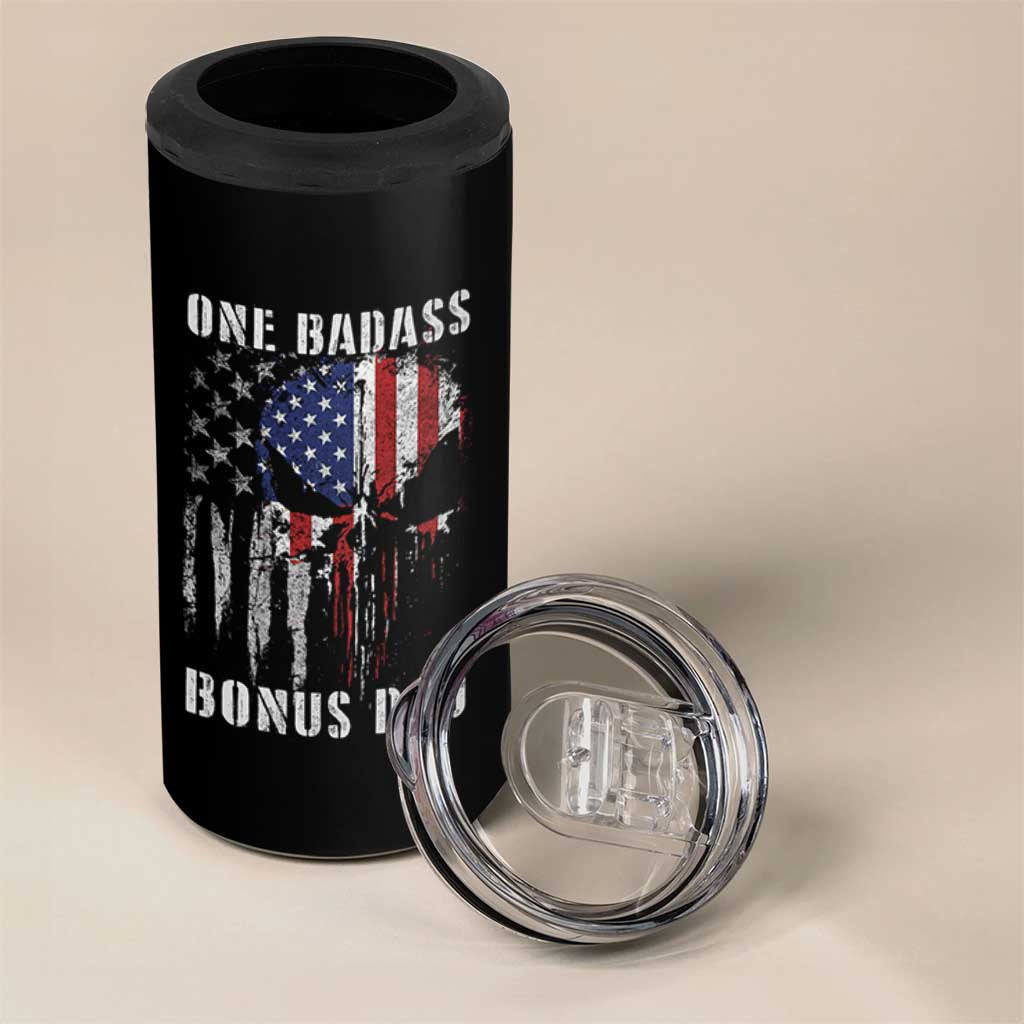Funny One Badass Bonus Dad 4 in 1 Can Cooler Tumbler Step Dad Fathers Day 4th Of July American Flag Skull - Wonder Print Shop