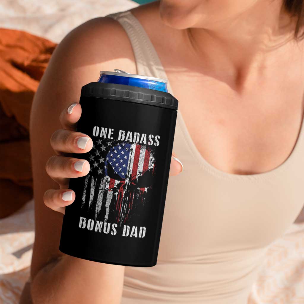 Funny One Badass Bonus Dad 4 in 1 Can Cooler Tumbler Step Dad Fathers Day 4th Of July American Flag Skull - Wonder Print Shop
