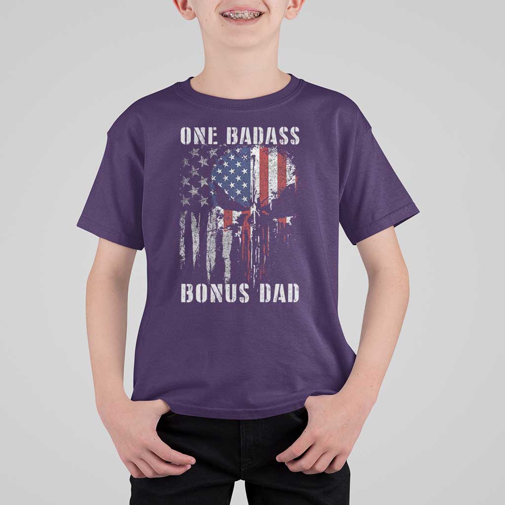 Funny One Badass Bonus Dad T Shirt For Kid Step Dad Fathers Day 4th Of July American Flag Skull - Wonder Print Shop