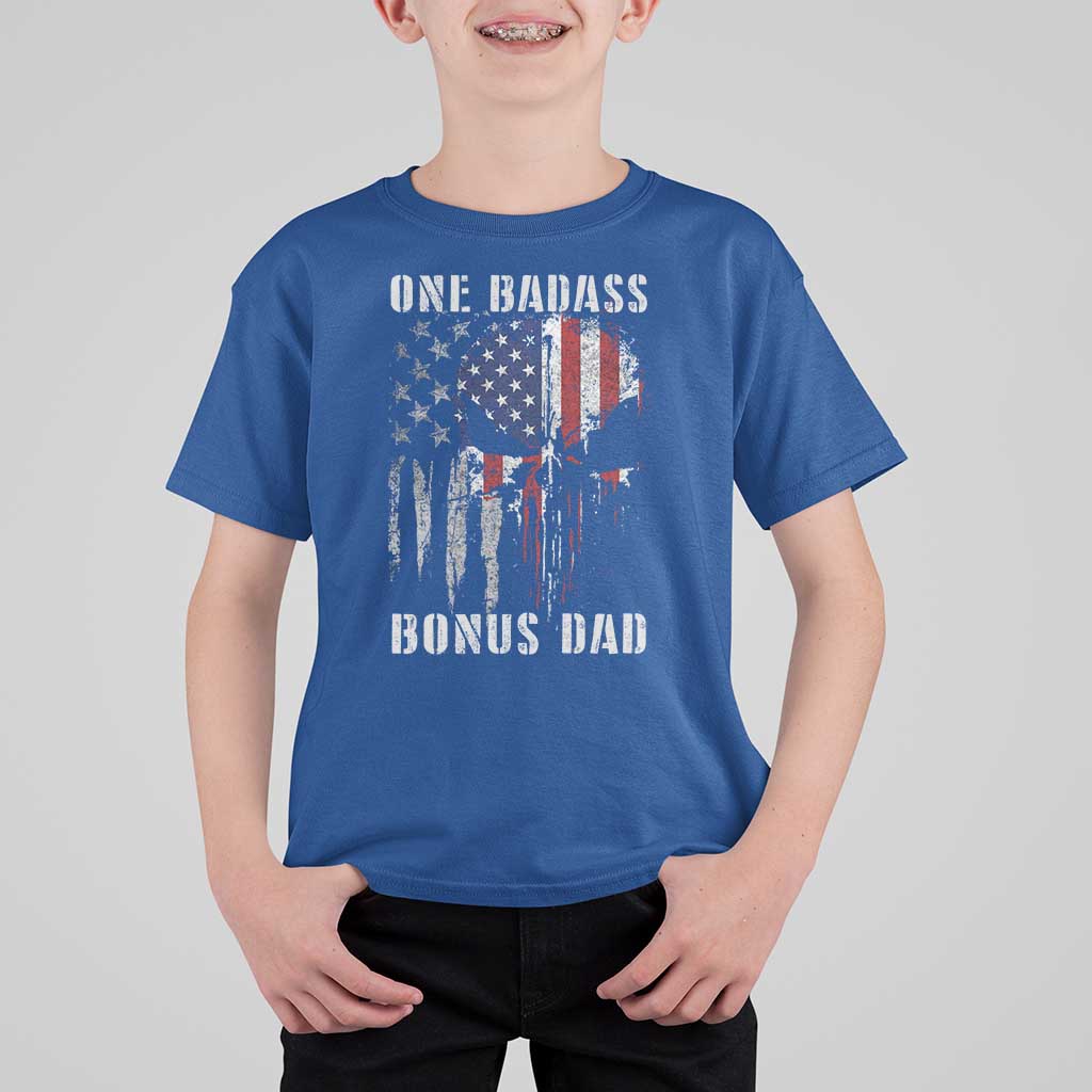 Funny One Badass Bonus Dad T Shirt For Kid Step Dad Fathers Day 4th Of July American Flag Skull - Wonder Print Shop