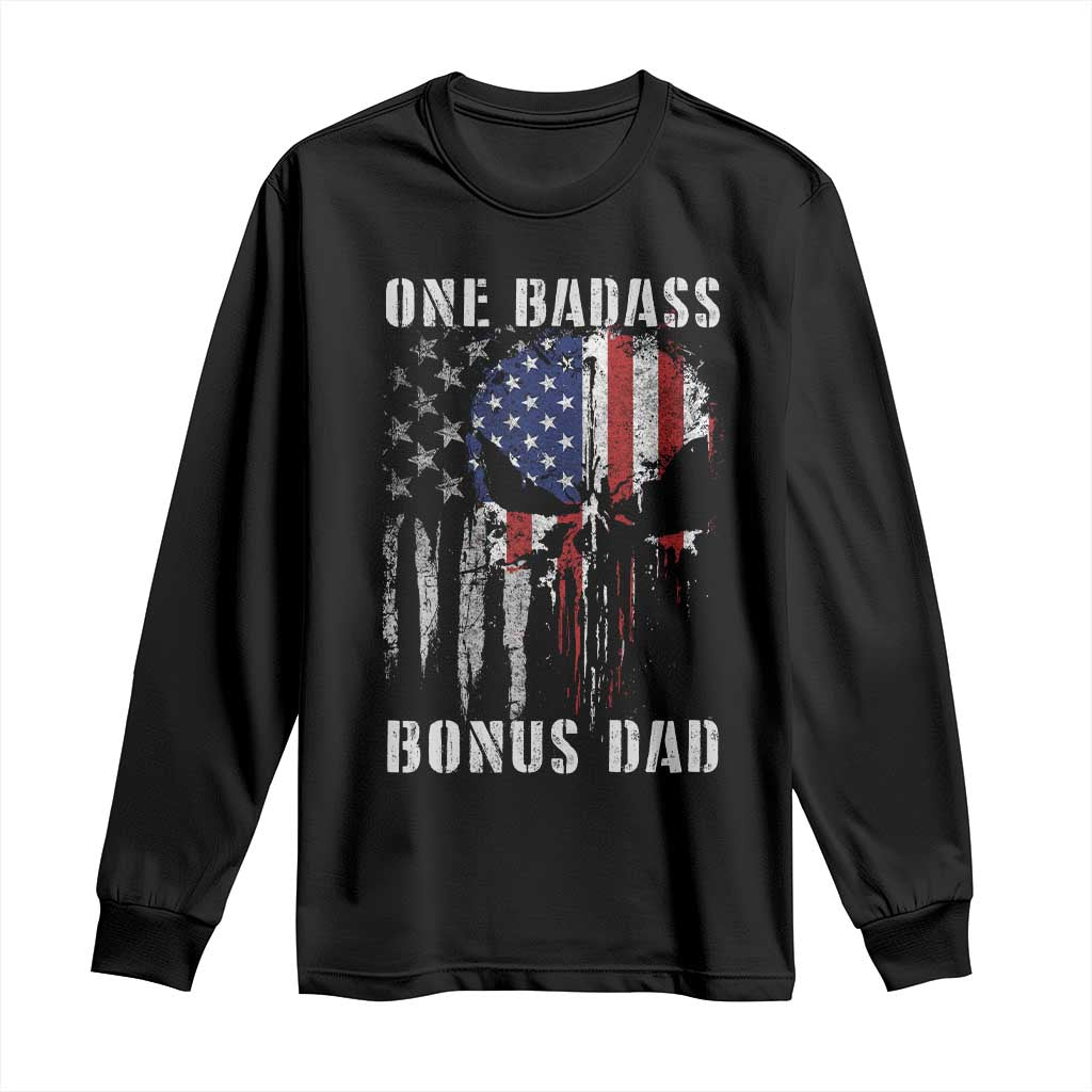 Funny One Badass Bonus Dad Long Sleeve Shirt Step Dad Fathers Day 4th Of July American Flag Skull - Wonder Print Shop