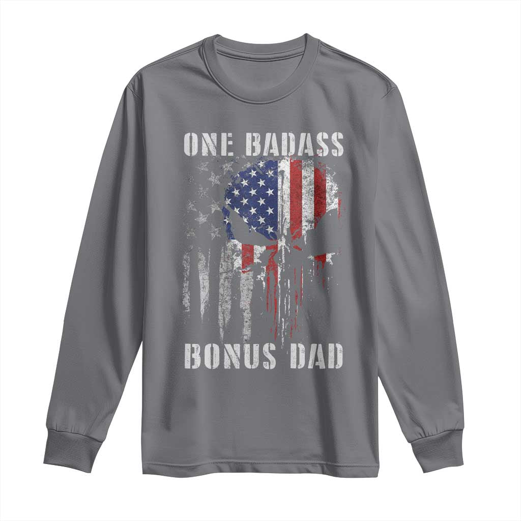 Funny One Badass Bonus Dad Long Sleeve Shirt Step Dad Fathers Day 4th Of July American Flag Skull - Wonder Print Shop