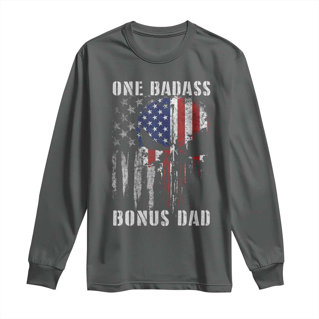 Funny One Badass Bonus Dad Long Sleeve Shirt Step Dad Fathers Day 4th Of July American Flag Skull - Wonder Print Shop