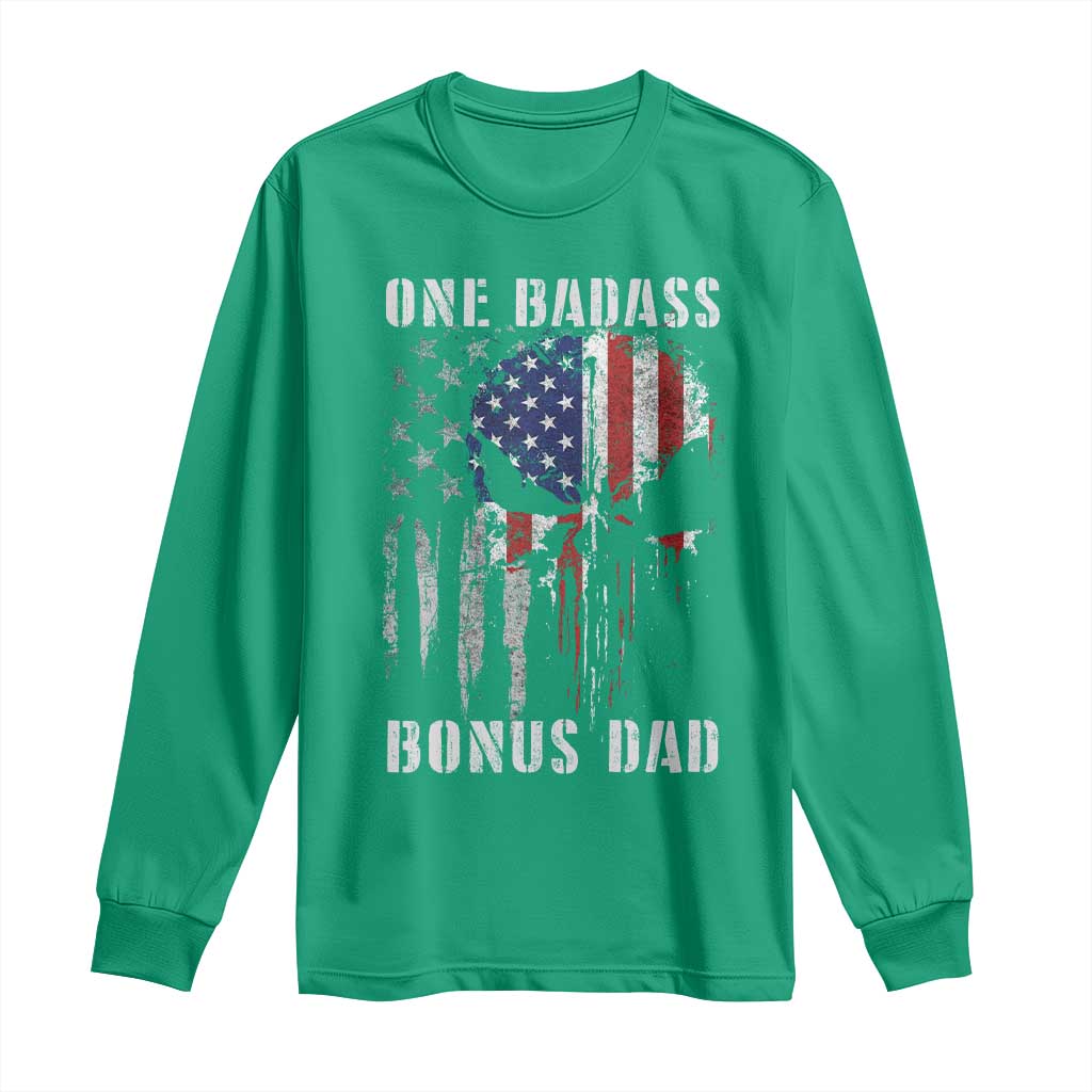 Funny One Badass Bonus Dad Long Sleeve Shirt Step Dad Fathers Day 4th Of July American Flag Skull - Wonder Print Shop