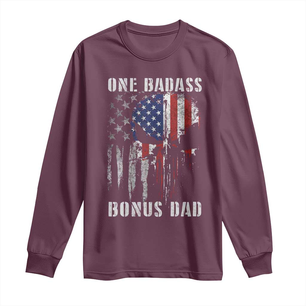 Funny One Badass Bonus Dad Long Sleeve Shirt Step Dad Fathers Day 4th Of July American Flag Skull - Wonder Print Shop