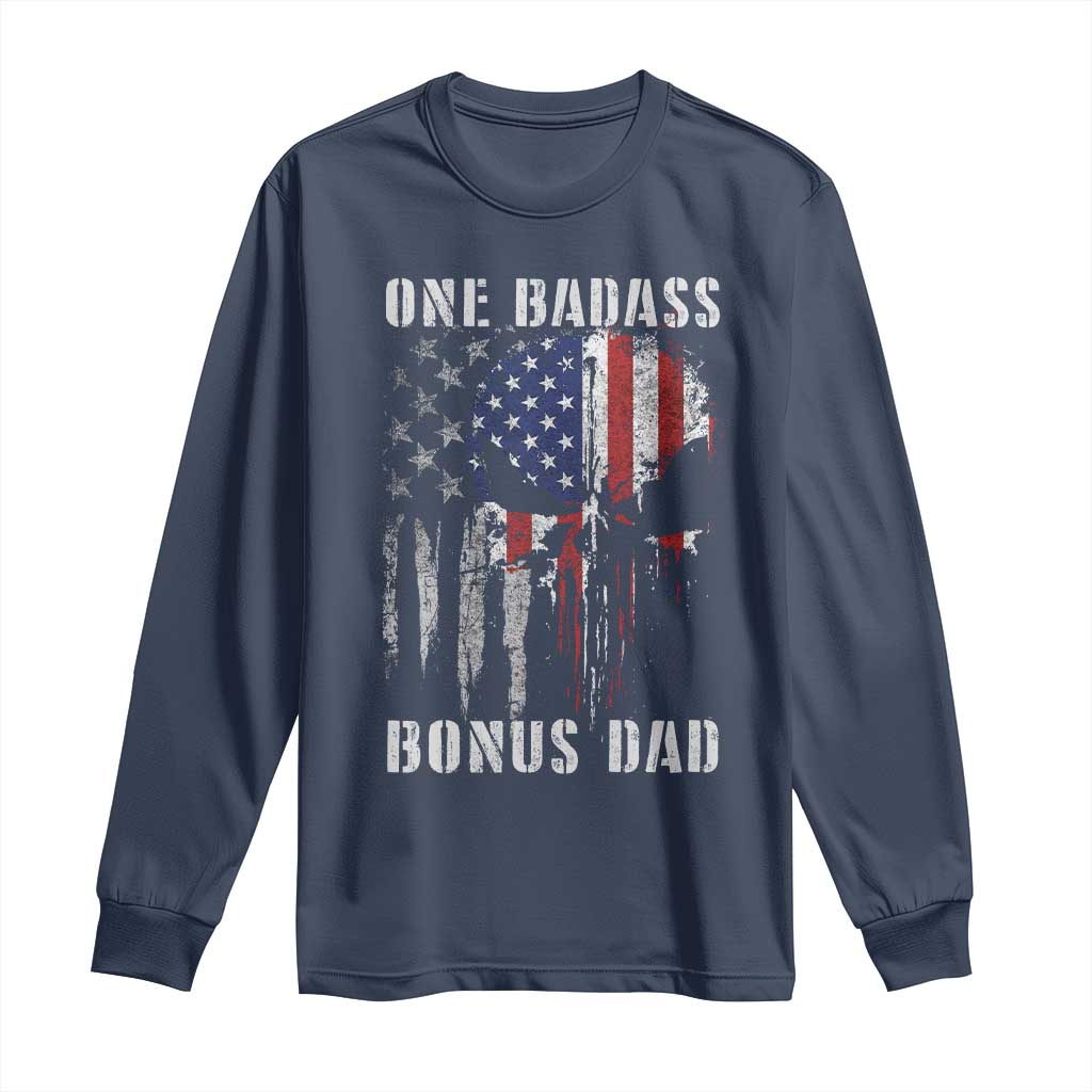 Funny One Badass Bonus Dad Long Sleeve Shirt Step Dad Fathers Day 4th Of July American Flag Skull - Wonder Print Shop