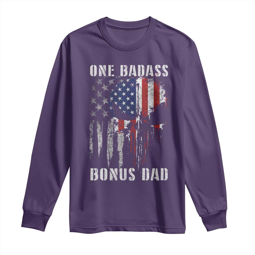Funny One Badass Bonus Dad Long Sleeve Shirt Step Dad Fathers Day 4th Of July American Flag Skull - Wonder Print Shop