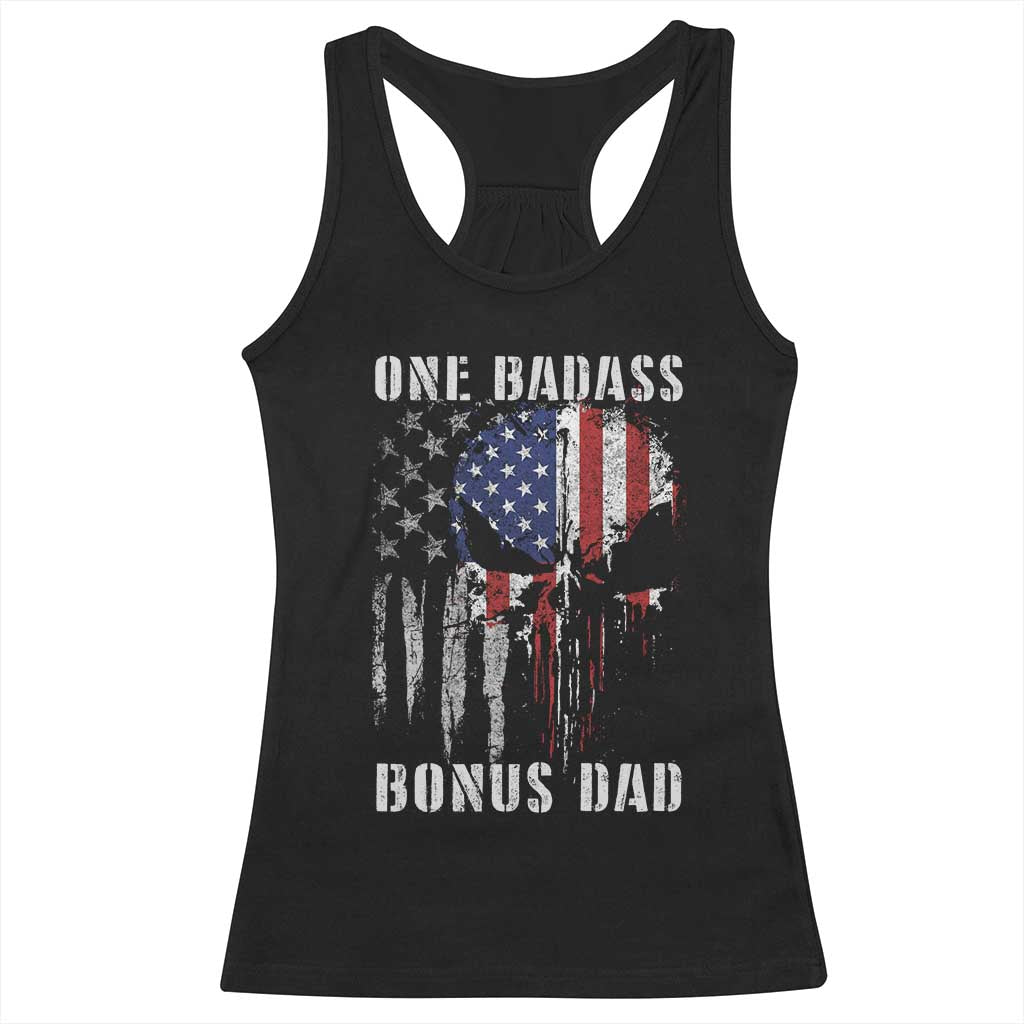 Funny One Badass Bonus Dad Racerback Tank Top Step Dad Fathers Day 4th Of July American Flag Skull - Wonder Print Shop