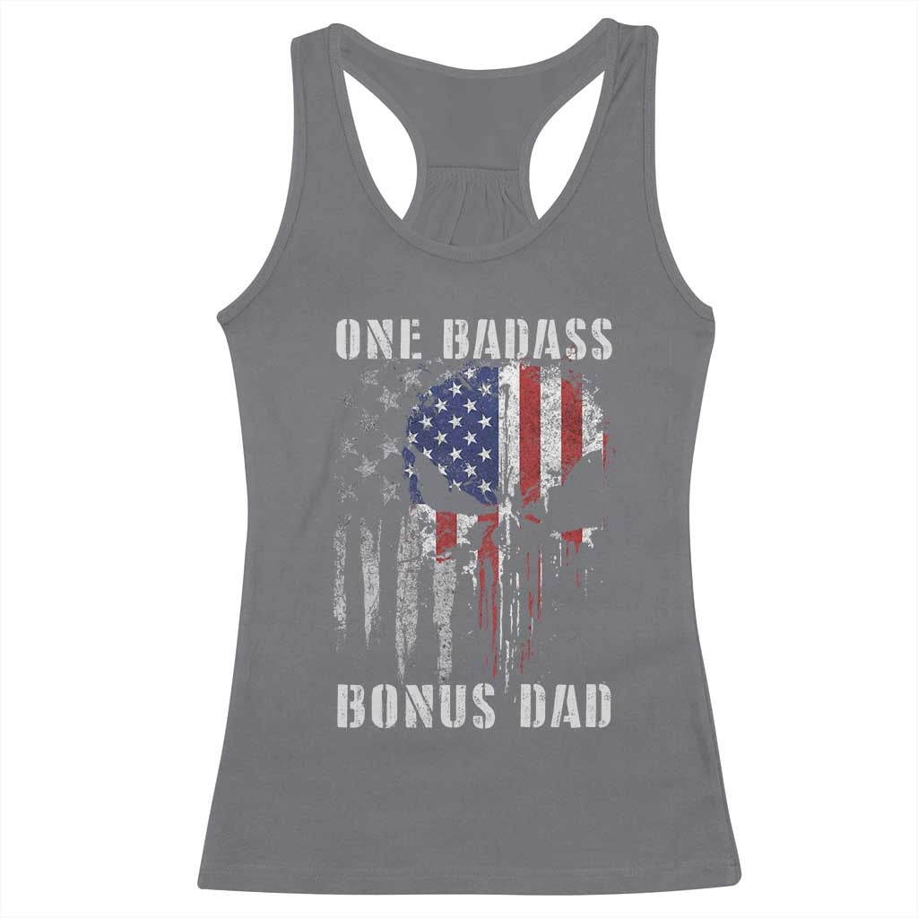 Funny One Badass Bonus Dad Racerback Tank Top Step Dad Fathers Day 4th Of July American Flag Skull - Wonder Print Shop