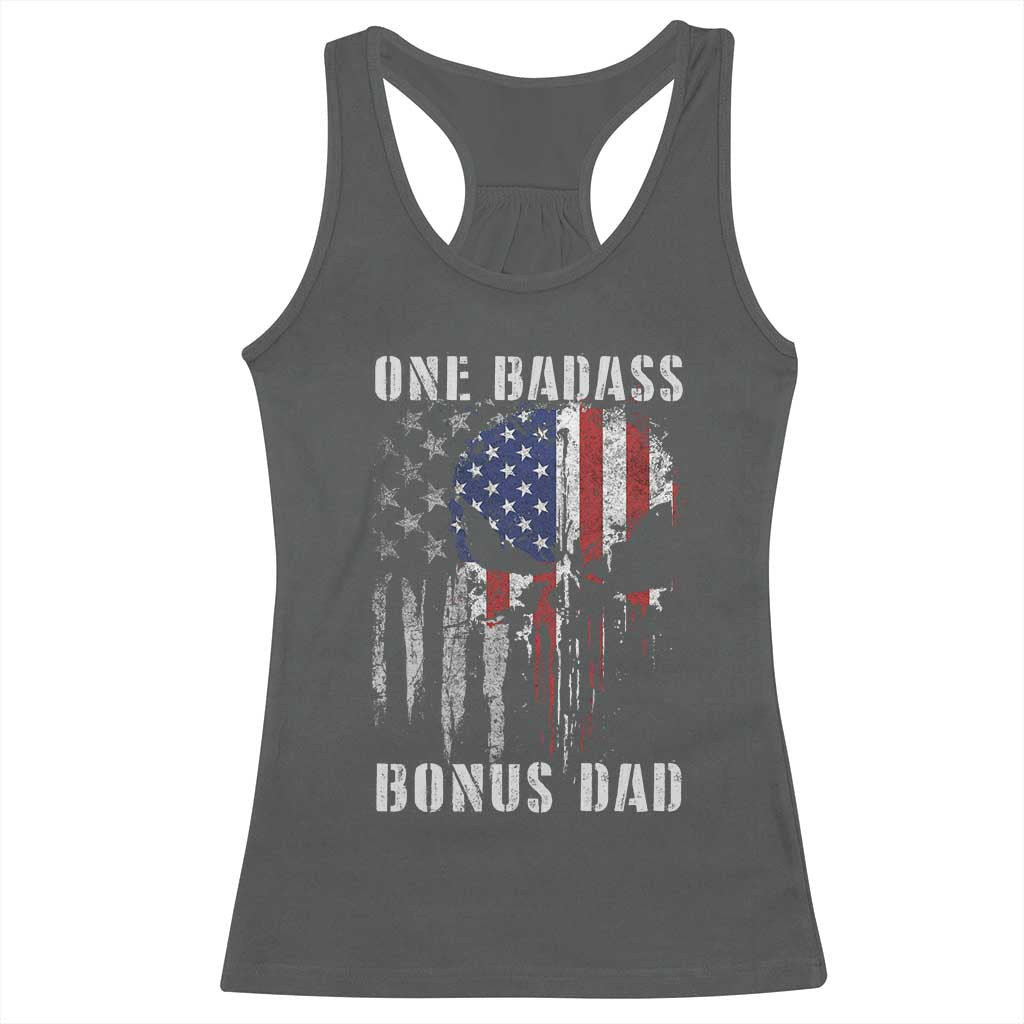 Funny One Badass Bonus Dad Racerback Tank Top Step Dad Fathers Day 4th Of July American Flag Skull - Wonder Print Shop