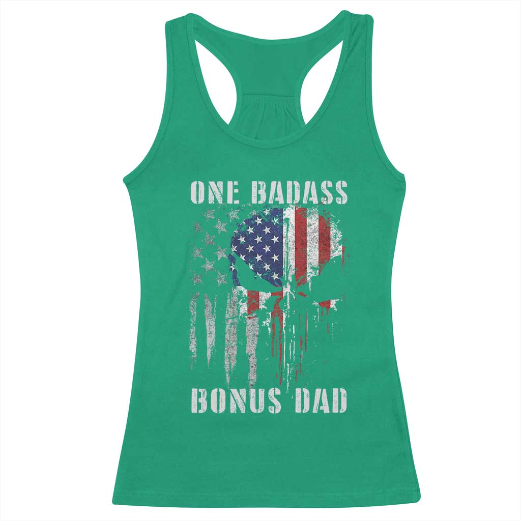 Funny One Badass Bonus Dad Racerback Tank Top Step Dad Fathers Day 4th Of July American Flag Skull - Wonder Print Shop