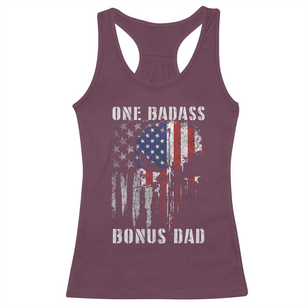 Funny One Badass Bonus Dad Racerback Tank Top Step Dad Fathers Day 4th Of July American Flag Skull - Wonder Print Shop