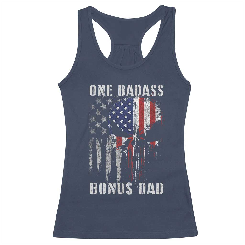 Funny One Badass Bonus Dad Racerback Tank Top Step Dad Fathers Day 4th Of July American Flag Skull - Wonder Print Shop