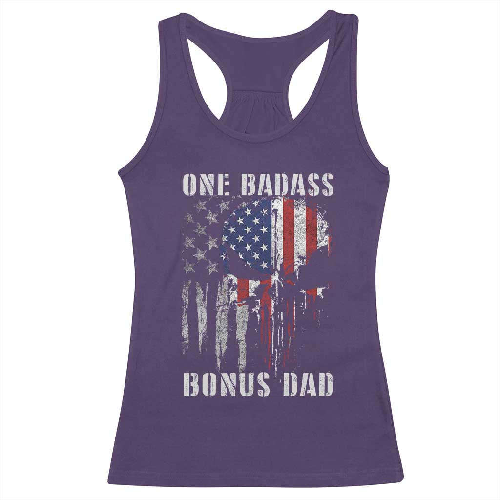 Funny One Badass Bonus Dad Racerback Tank Top Step Dad Fathers Day 4th Of July American Flag Skull - Wonder Print Shop