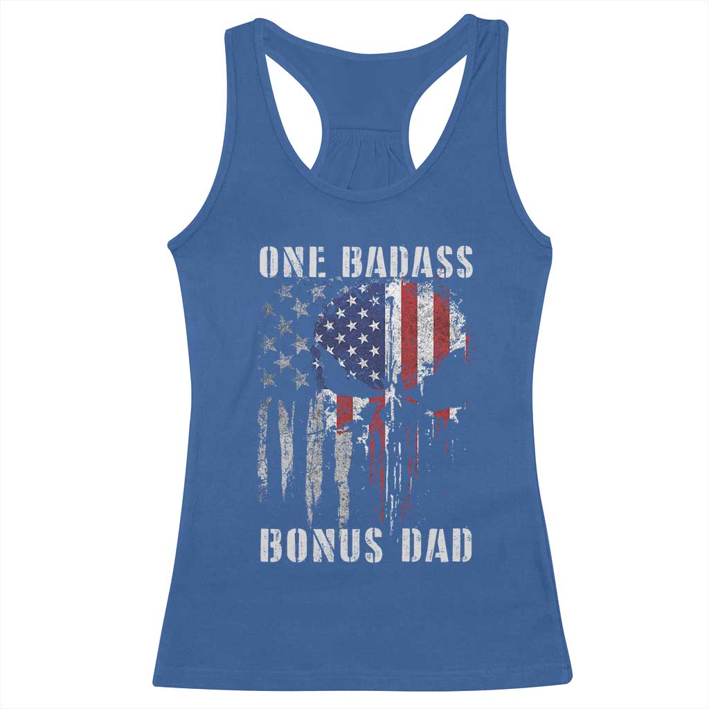 Funny One Badass Bonus Dad Racerback Tank Top Step Dad Fathers Day 4th Of July American Flag Skull - Wonder Print Shop