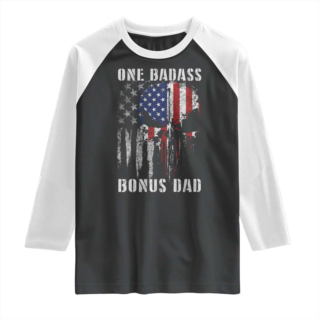 Funny One Badass Bonus Dad Raglan Shirt Step Dad Fathers Day 4th Of July American Flag Skull - Wonder Print Shop