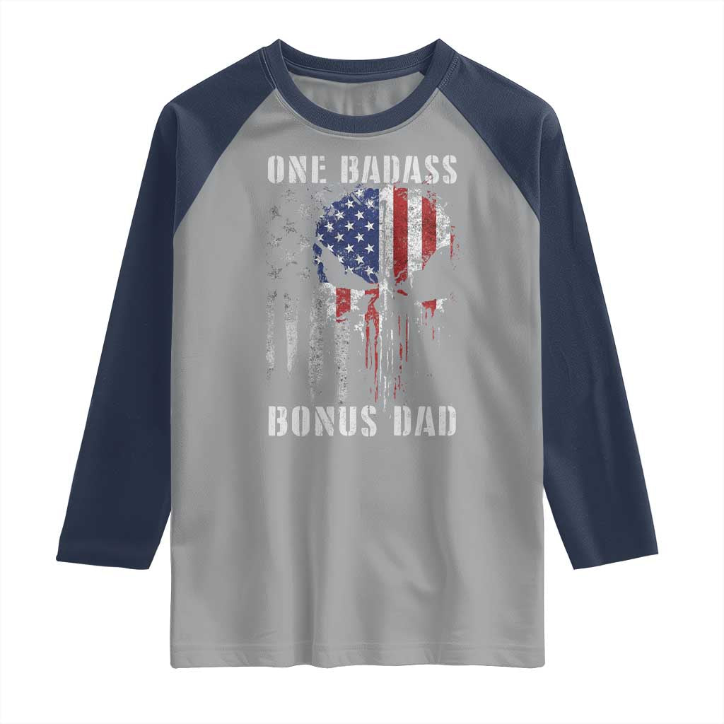 Funny One Badass Bonus Dad Raglan Shirt Step Dad Fathers Day 4th Of July American Flag Skull - Wonder Print Shop