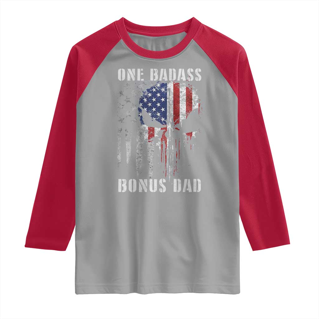 Funny One Badass Bonus Dad Raglan Shirt Step Dad Fathers Day 4th Of July American Flag Skull - Wonder Print Shop