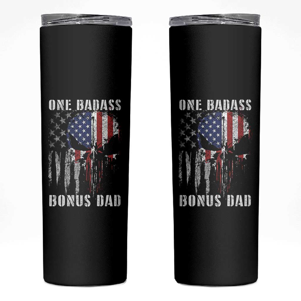 Funny One Badass Bonus Dad Skinny Tumbler Step Dad Fathers Day 4th Of July American Flag Skull - Wonder Print Shop