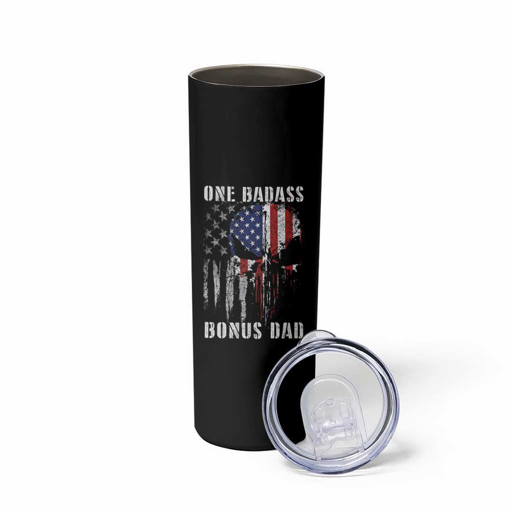 Funny One Badass Bonus Dad Skinny Tumbler Step Dad Fathers Day 4th Of July American Flag Skull - Wonder Print Shop
