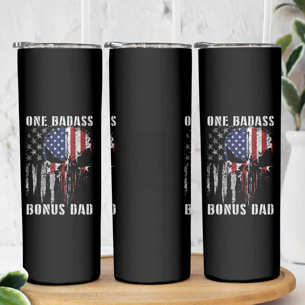 Funny One Badass Bonus Dad Skinny Tumbler Step Dad Fathers Day 4th Of July American Flag Skull - Wonder Print Shop