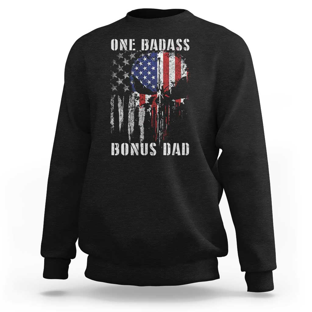 Funny One Badass Bonus Dad Sweatshirt Step Dad Fathers Day 4th Of July American Flag Skull - Wonder Print Shop