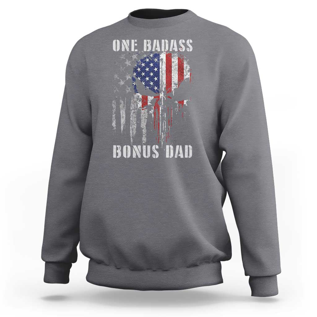 Funny One Badass Bonus Dad Sweatshirt Step Dad Fathers Day 4th Of July American Flag Skull - Wonder Print Shop