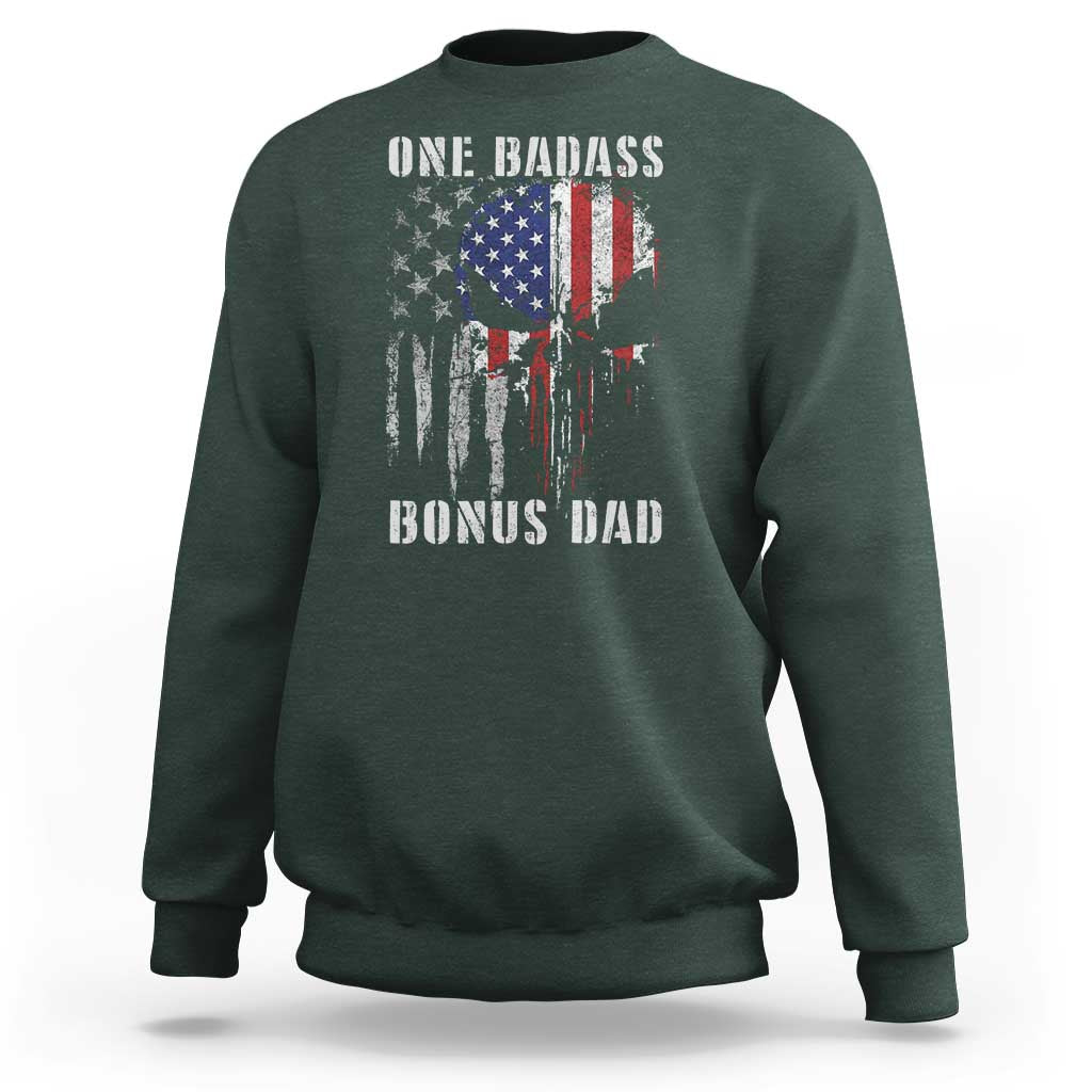Funny One Badass Bonus Dad Sweatshirt Step Dad Fathers Day 4th Of July American Flag Skull - Wonder Print Shop