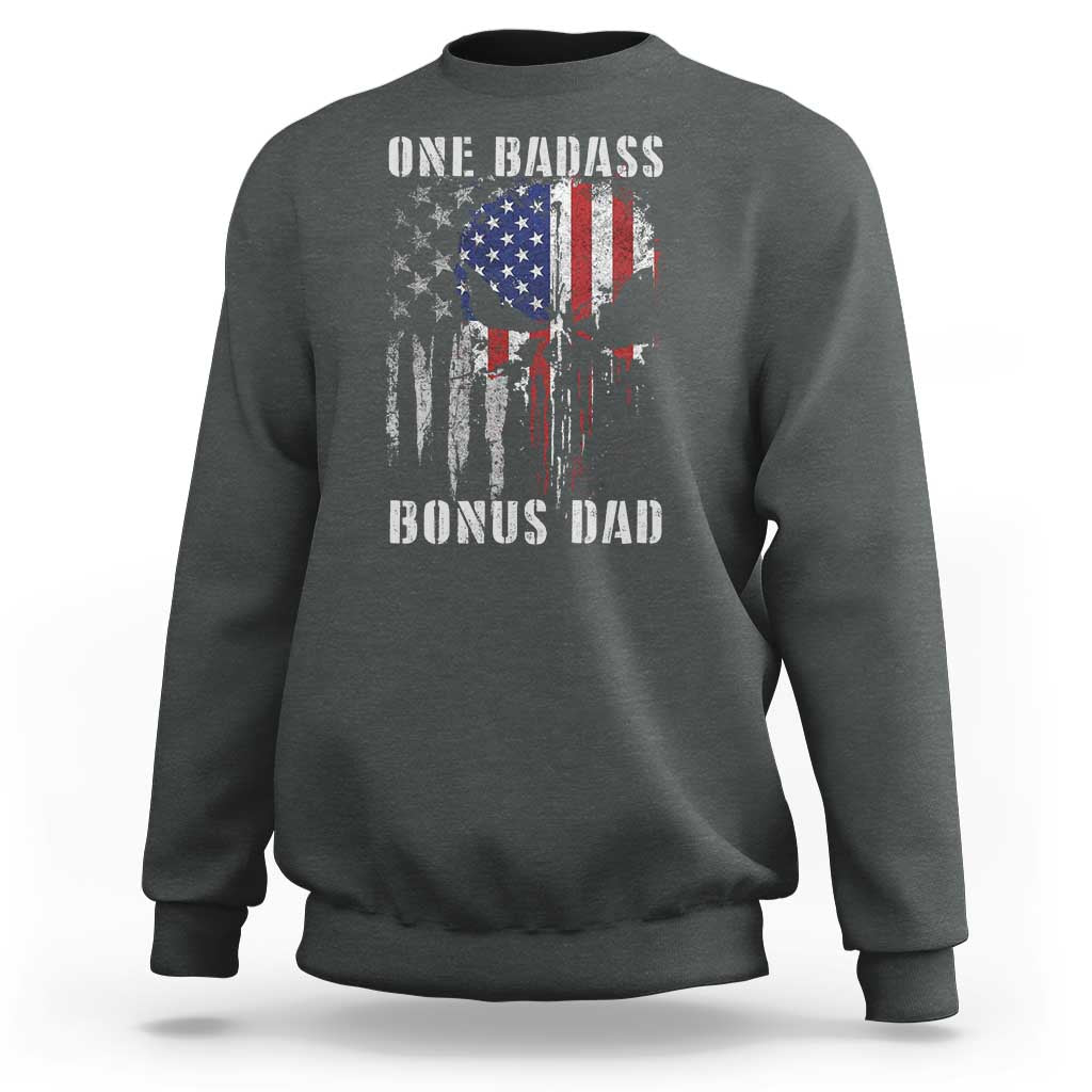 Funny One Badass Bonus Dad Sweatshirt Step Dad Fathers Day 4th Of July American Flag Skull - Wonder Print Shop