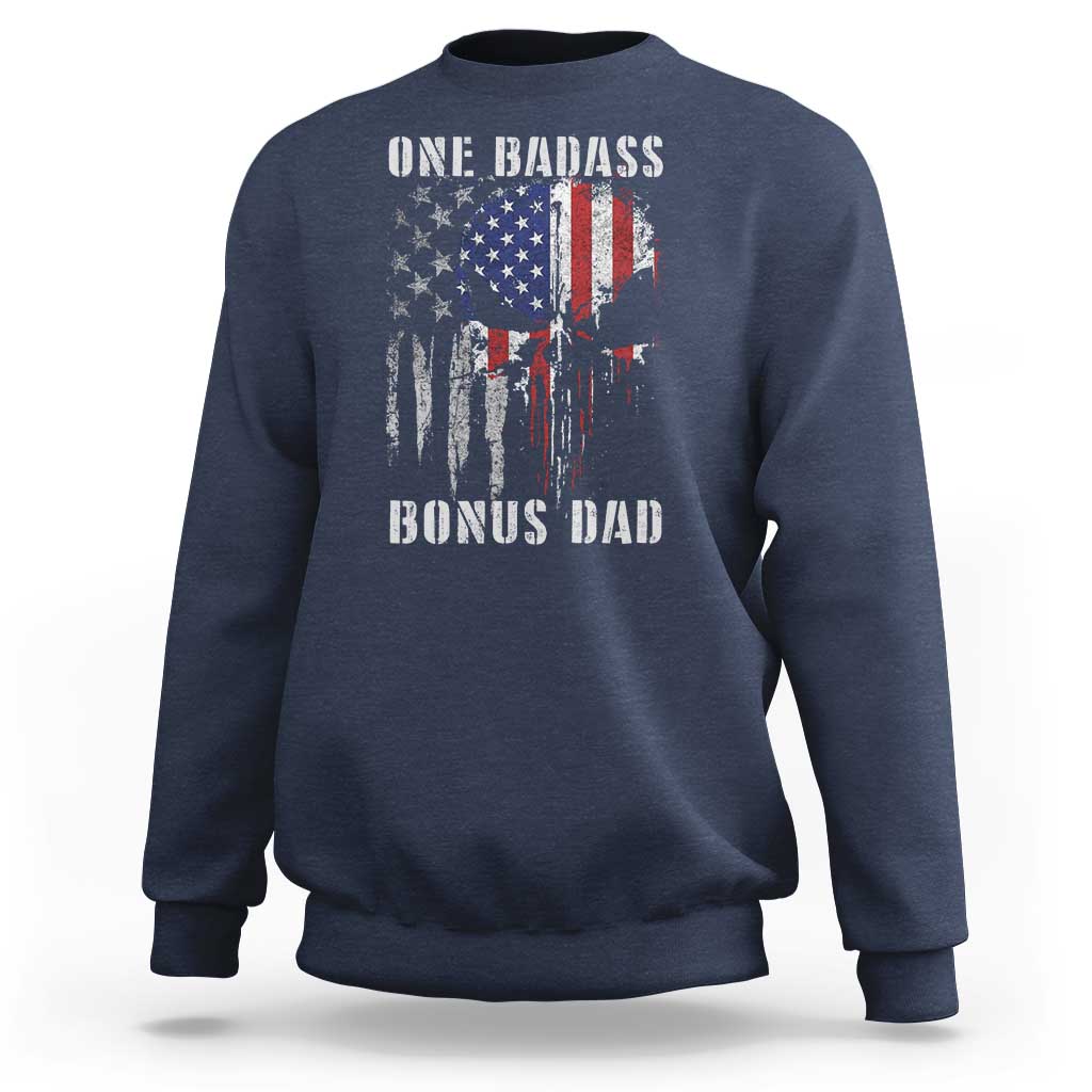 Funny One Badass Bonus Dad Sweatshirt Step Dad Fathers Day 4th Of July American Flag Skull - Wonder Print Shop