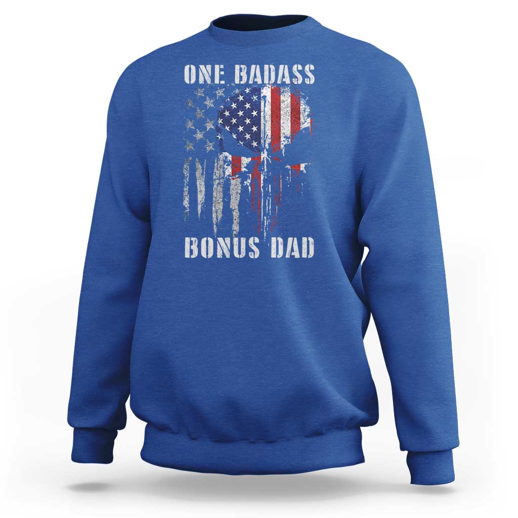 Funny One Badass Bonus Dad Sweatshirt Step Dad Fathers Day 4th Of July American Flag Skull - Wonder Print Shop