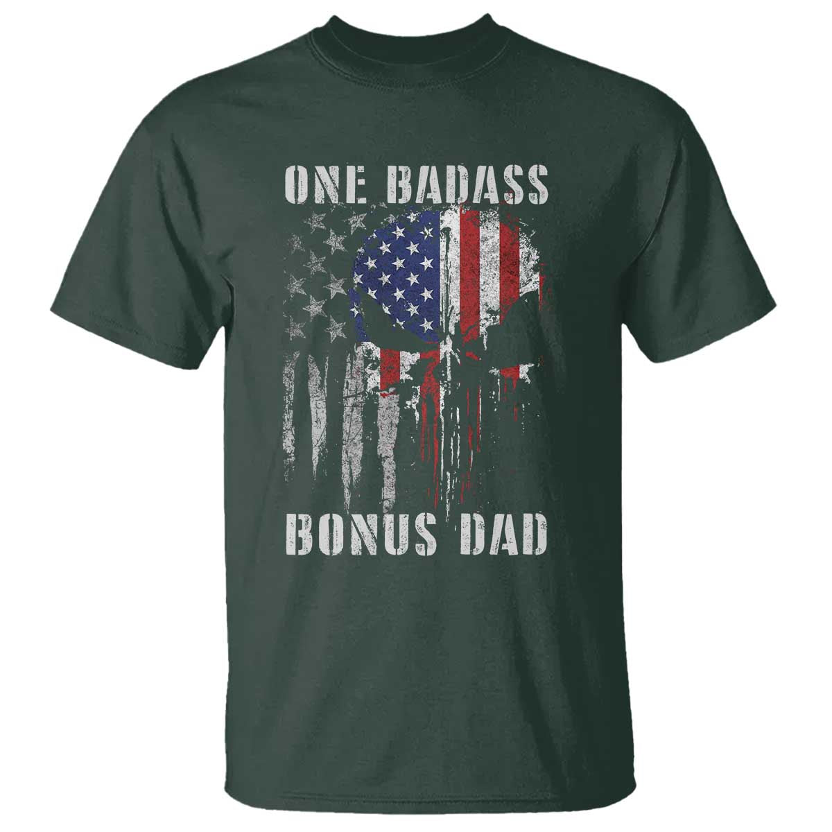 Funny One Badass Bonus Dad T Shirt Step Dad Fathers Day 4th Of July American Flag Skull - Wonder Print Shop