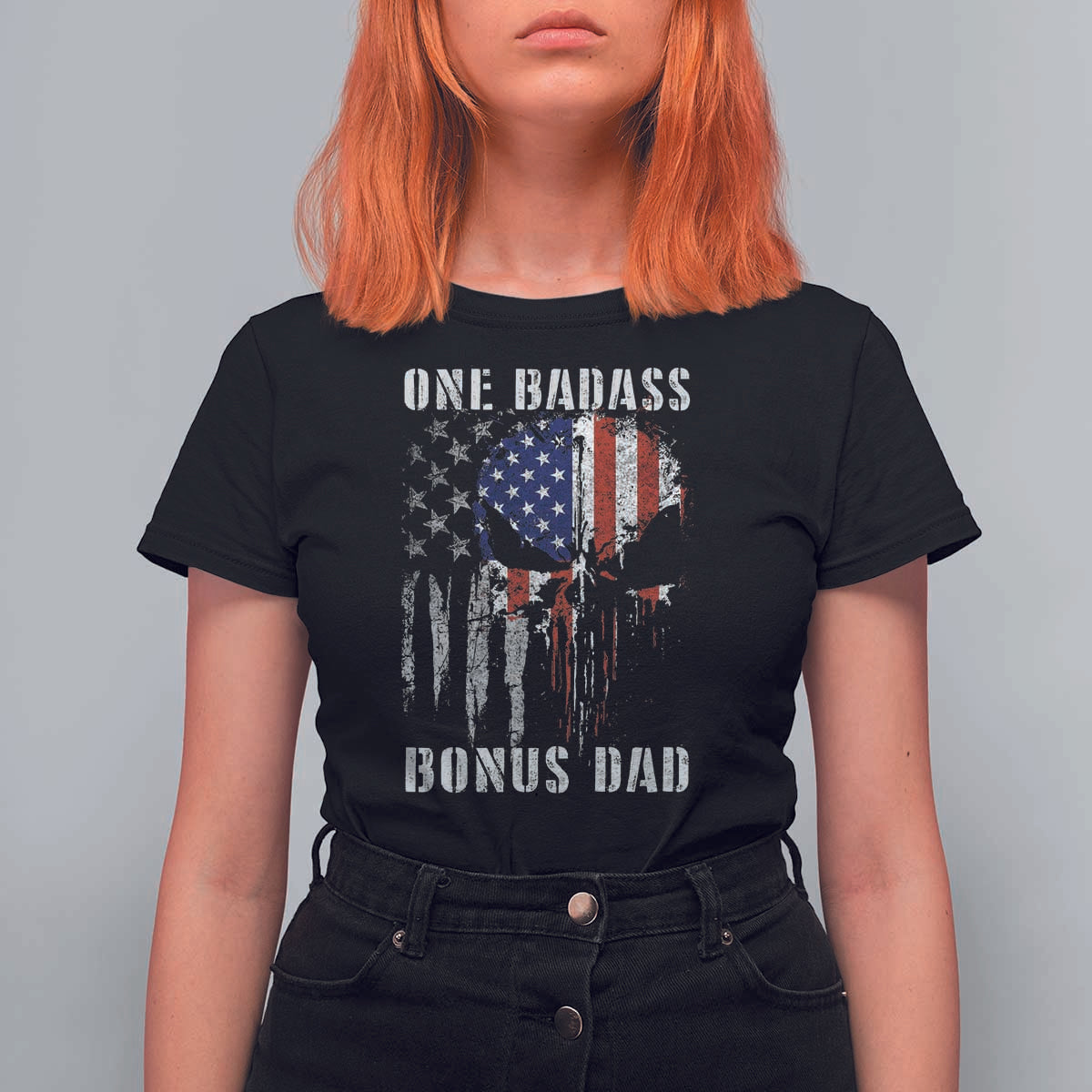 Funny One Badass Bonus Dad T Shirt For Women Step Dad Fathers Day 4th Of July American Flag Skull - Wonder Print Shop