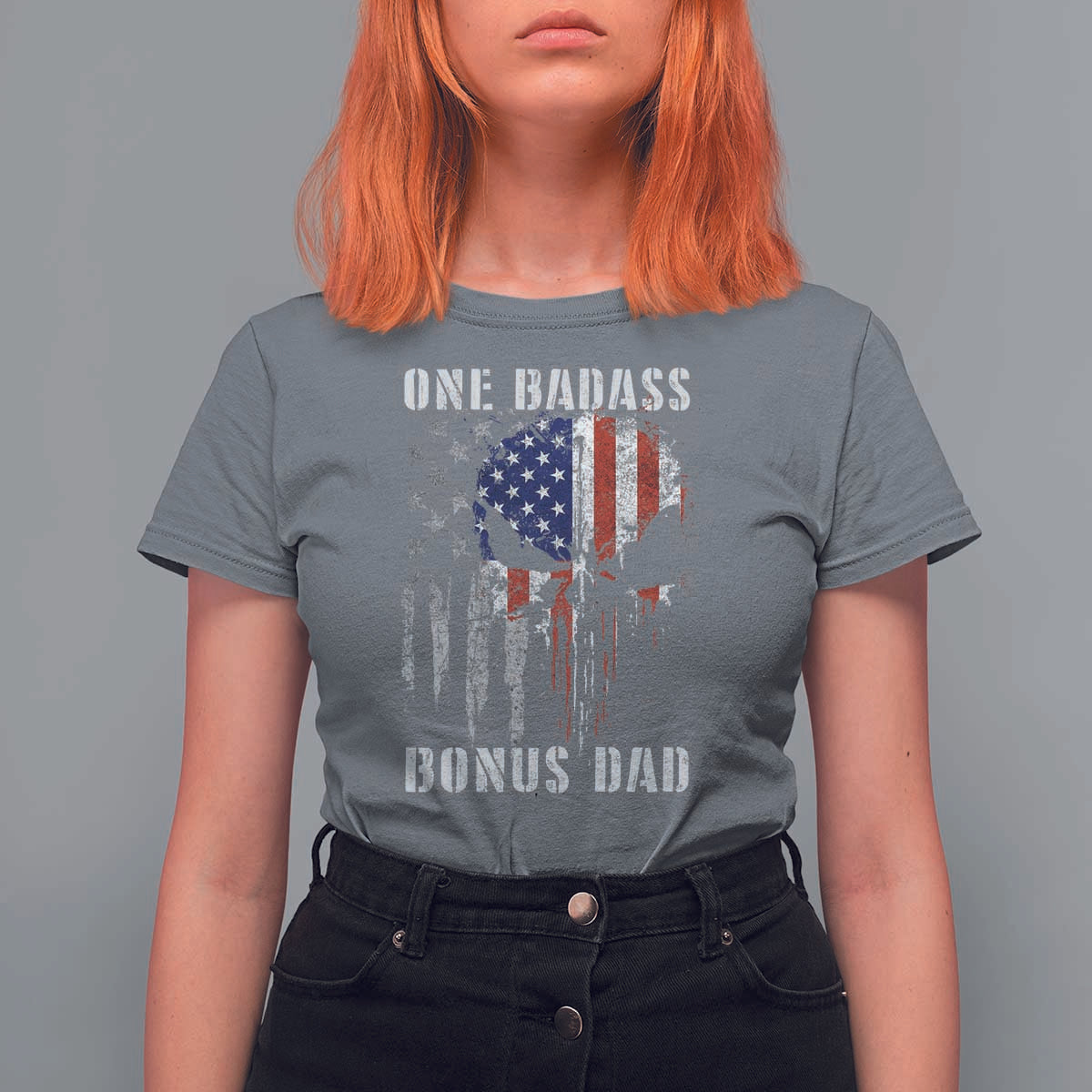 Funny One Badass Bonus Dad T Shirt For Women Step Dad Fathers Day 4th Of July American Flag Skull - Wonder Print Shop