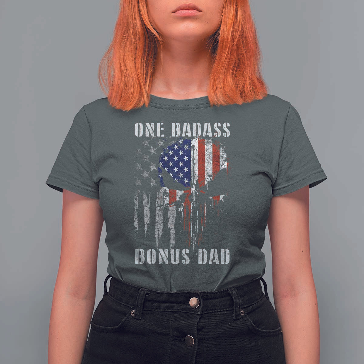 Funny One Badass Bonus Dad T Shirt For Women Step Dad Fathers Day 4th Of July American Flag Skull - Wonder Print Shop
