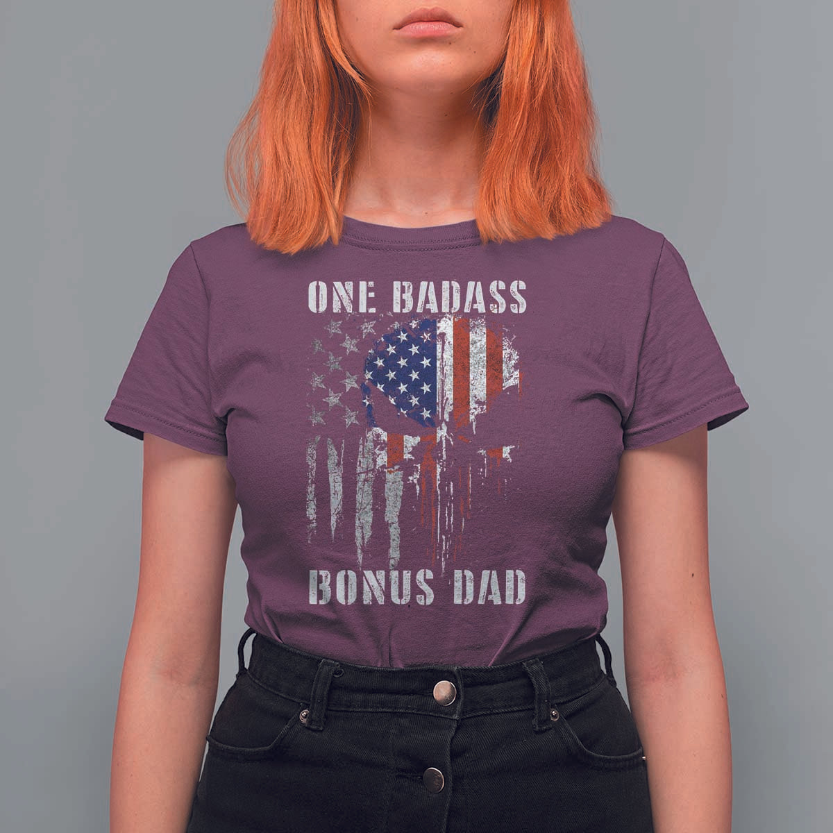 Funny One Badass Bonus Dad T Shirt For Women Step Dad Fathers Day 4th Of July American Flag Skull - Wonder Print Shop