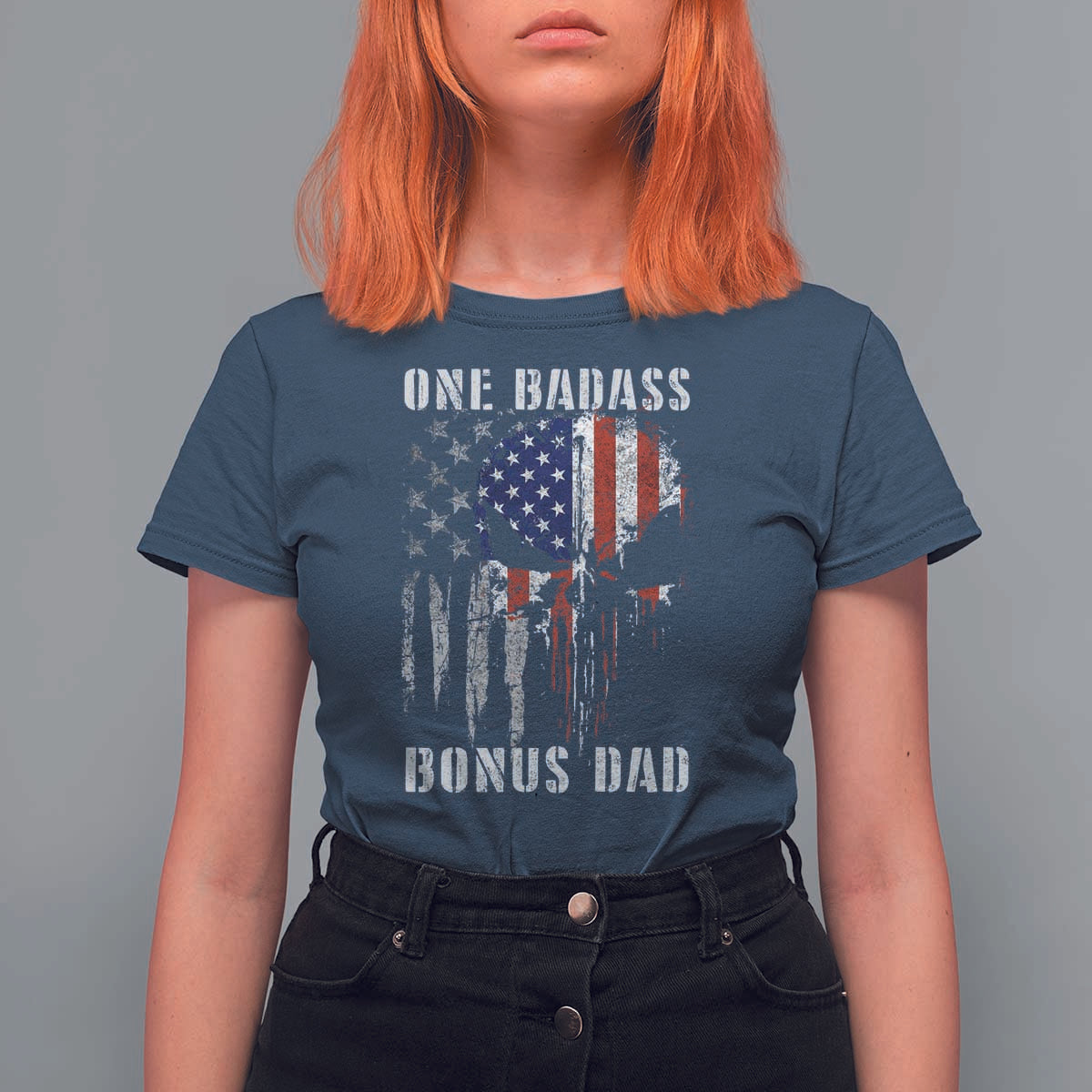 Funny One Badass Bonus Dad T Shirt For Women Step Dad Fathers Day 4th Of July American Flag Skull - Wonder Print Shop