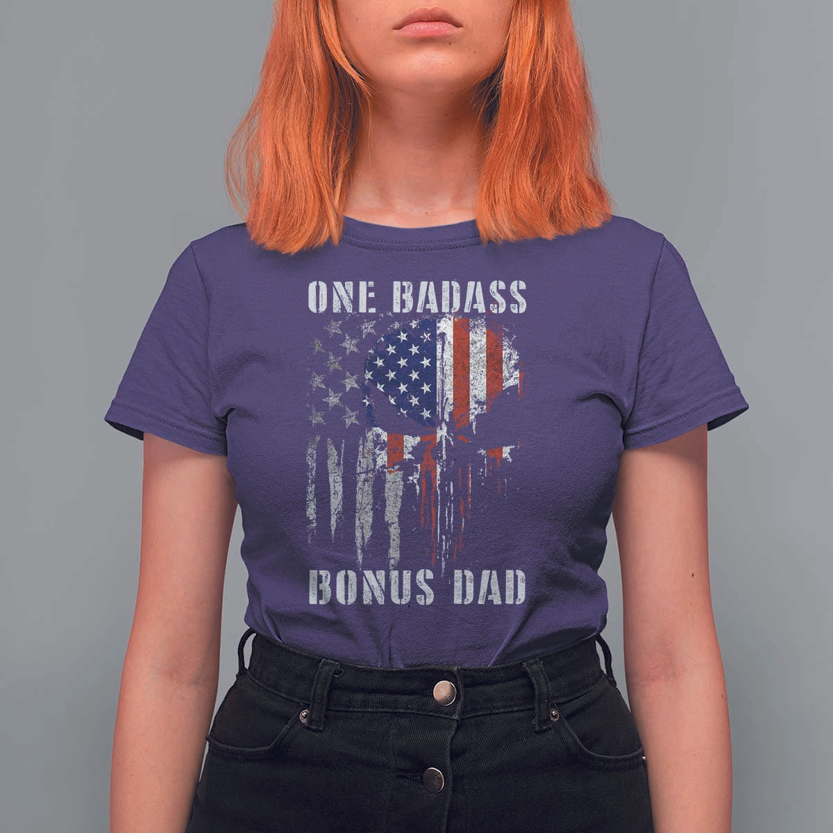 Funny One Badass Bonus Dad T Shirt For Women Step Dad Fathers Day 4th Of July American Flag Skull - Wonder Print Shop