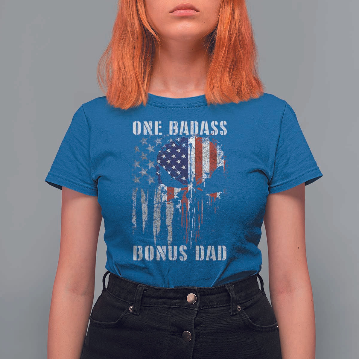 Funny One Badass Bonus Dad T Shirt For Women Step Dad Fathers Day 4th Of July American Flag Skull - Wonder Print Shop