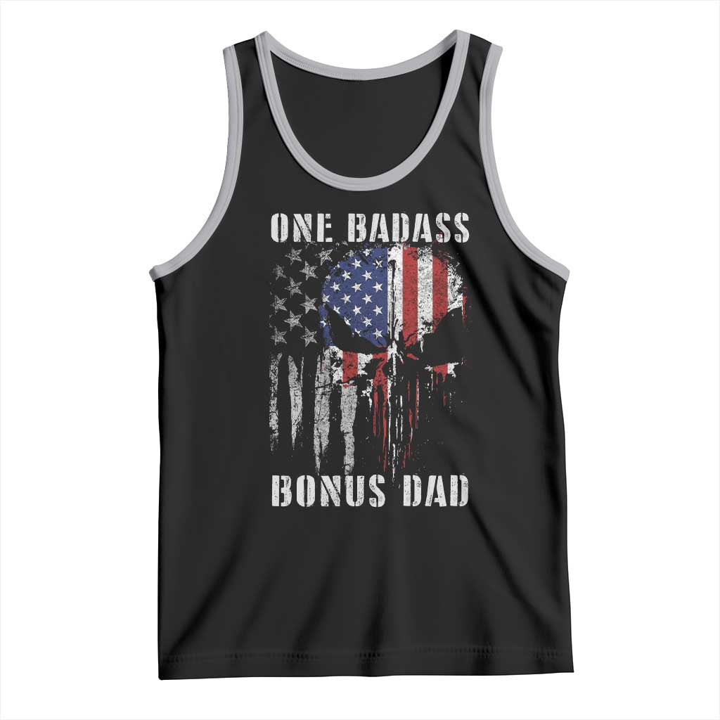Funny One Badass Bonus Dad Tank Top Step Dad Fathers Day 4th Of July American Flag Skull - Wonder Print Shop