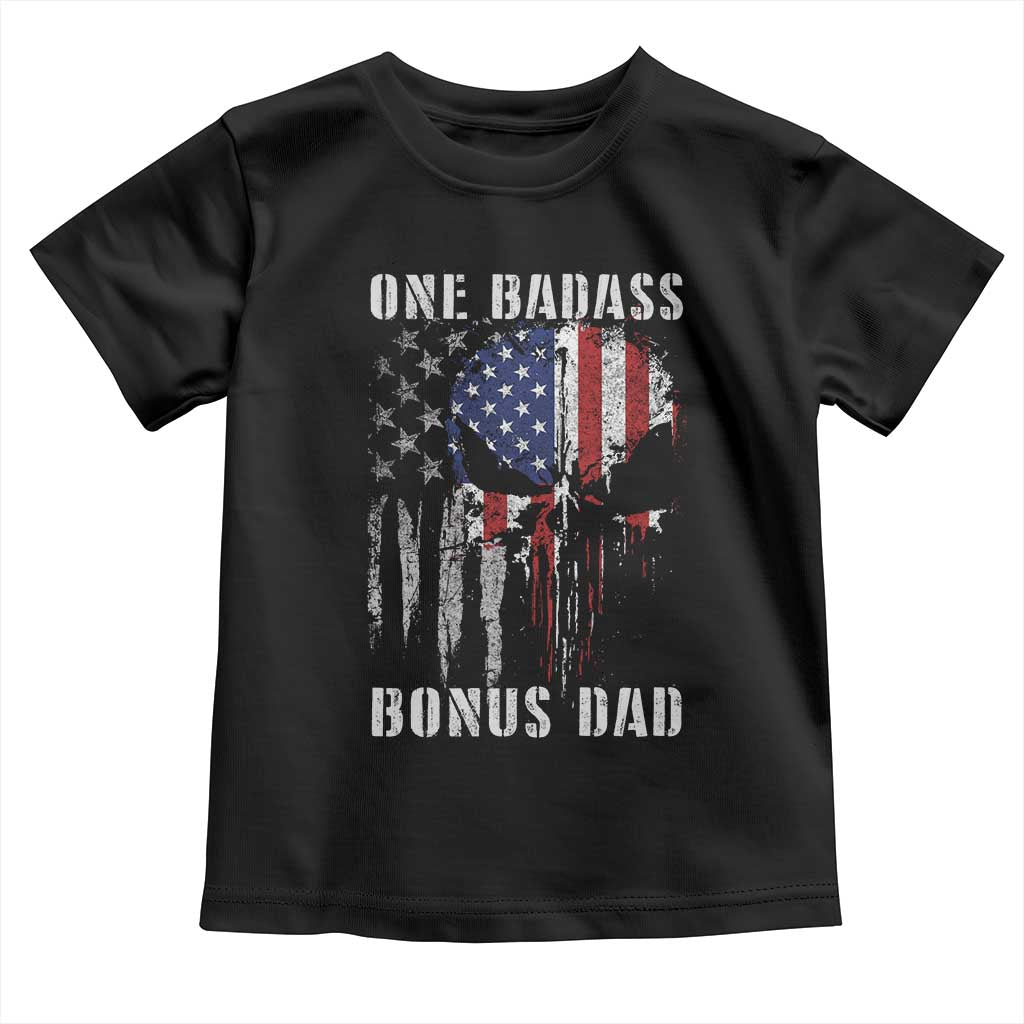 Funny One Badass Bonus Dad Toddler T Shirt Step Dad Fathers Day 4th Of July American Flag Skull - Wonder Print Shop