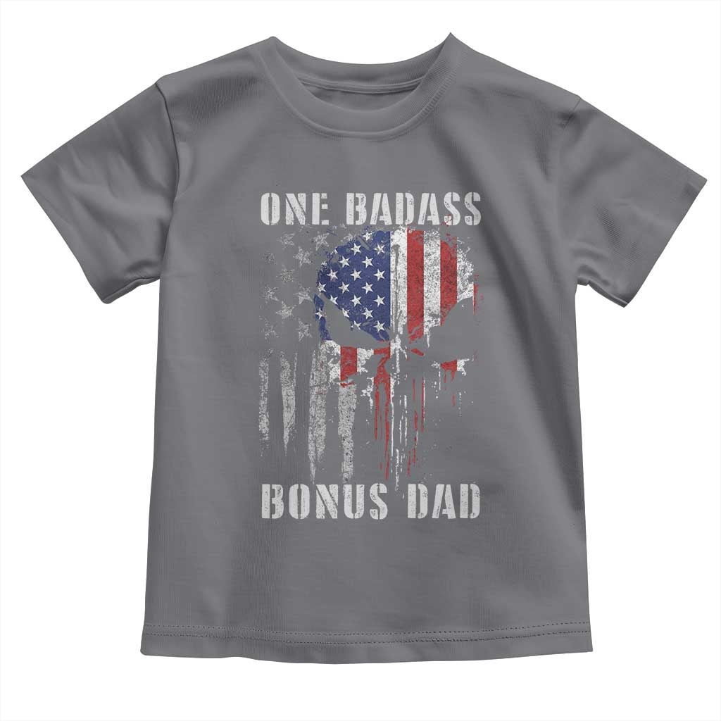 Funny One Badass Bonus Dad Toddler T Shirt Step Dad Fathers Day 4th Of July American Flag Skull - Wonder Print Shop
